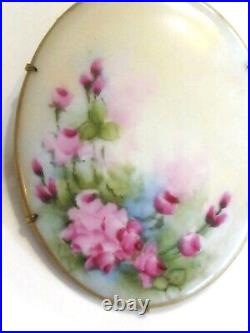 Large Hand Painted Oval Porcelain Victorian Pink Rose Flower Floral Pin Brooch