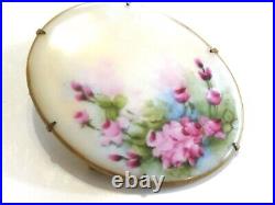 Large Hand Painted Oval Porcelain Victorian Pink Rose Flower Floral Pin Brooch