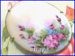 Large Hand Painted Oval Porcelain Victorian Pink Rose Flower Floral Pin Brooch