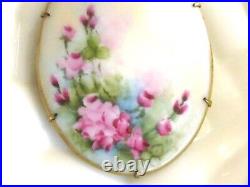 Large Hand Painted Oval Porcelain Victorian Pink Rose Flower Floral Pin Brooch