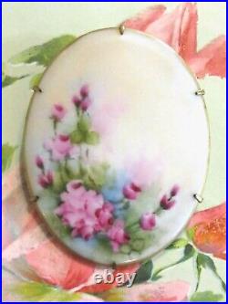 Large Hand Painted Oval Porcelain Victorian Pink Rose Flower Floral Pin Brooch