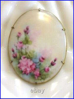 Large Hand Painted Oval Porcelain Victorian Pink Rose Flower Floral Pin Brooch