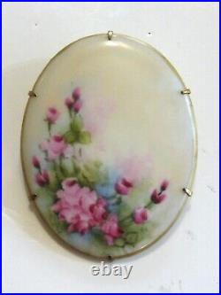 Large Hand Painted Oval Porcelain Victorian Pink Rose Flower Floral Pin Brooch