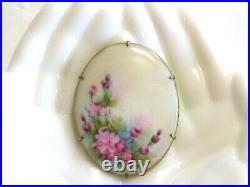 Large Hand Painted Oval Porcelain Victorian Pink Rose Flower Floral Pin Brooch