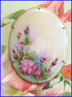 Large Hand Painted Oval Porcelain Victorian Pink Rose Flower Floral Pin Brooch