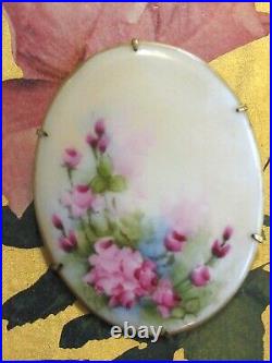 Large Hand Painted Oval Porcelain Victorian Pink Rose Flower Floral Pin Brooch