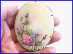 Large Hand Painted Oval Porcelain Victorian Pink Rose Flower Floral Pin Brooch