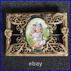 Large Victorian Gilt Brass Brooch Ornate Frame Hand Painted Porcelain Sash Pin Large Victorian Gilt Brass Brooch Ornate Frame Hand Painted Porcelain Sash Pin