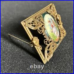 Large Victorian Gilt Brass Brooch Ornate Frame Hand Painted Porcelain Sash Pin
