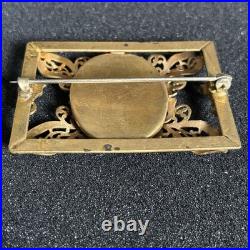 Large Victorian Gilt Brass Brooch Ornate Frame Hand Painted Porcelain Sash Pin Large Victorian Gilt Brass Brooch Ornate Frame Hand Painted Porcelain Sash Pin