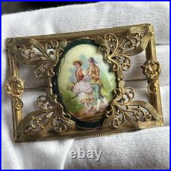 Large Victorian Gilt Brass Brooch Ornate Frame Hand Painted Porcelain Sash Pin