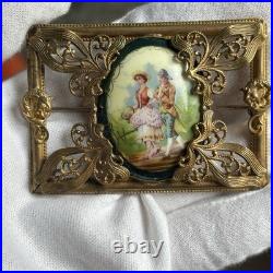 Large Victorian Gilt Brass Brooch Ornate Frame Hand Painted Porcelain Sash Pin