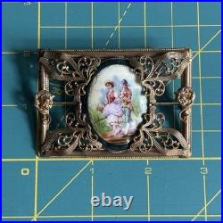 Large Victorian Gilt Brass Brooch Ornate Frame Hand Painted Porcelain Sash Pin