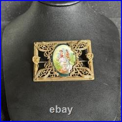 Large Victorian Gilt Brass Brooch Ornate Frame Hand Painted Porcelain Sash Pin