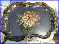 Large Victorian Lacquered Hand Painted Papier Mache Tray