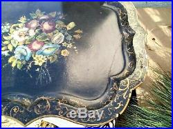 Large Victorian Lacquered Hand Painted Papier Mache Tray