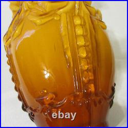 Large Victorian Mold Hand Blown Art Cased Glass Vase Amber Embossed Ruffled Edge