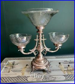 Large Victorian Silver Plated Epergne 3 Arms Centerpiece Hand Blown Glass