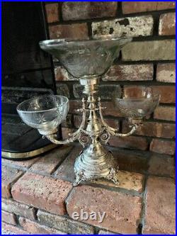 Large Victorian Silver Plated Epergne 3 Arms Centerpiece Hand Blown Glass