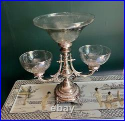 Large Victorian Silver Plated Epergne 3 Arms Centerpiece Hand Blown Glass