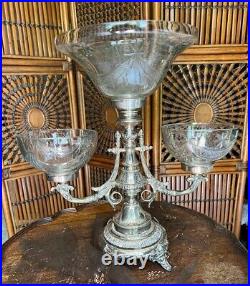 Large Victorian Silver Plated Epergne 3 Arms Centerpiece Hand Blown Glass