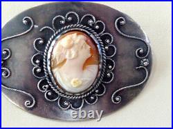 Large Victorian Sterling Silver Hand Carved Conch Shell Sash Pin 2 5/8