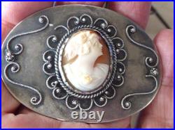 Large Victorian Sterling Silver Hand Carved Conch Shell Sash Pin 2 5/8