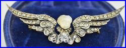 Large Victorian Winged Hand Carved Moonstone Diamond and Paste Cherub Brooch