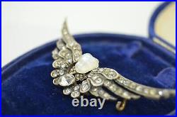 Large Victorian Winged Hand Carved Moonstone Diamond and Paste Cherub Brooch