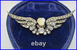 Large Victorian Winged Hand Carved Moonstone Diamond and Paste Cherub Brooch