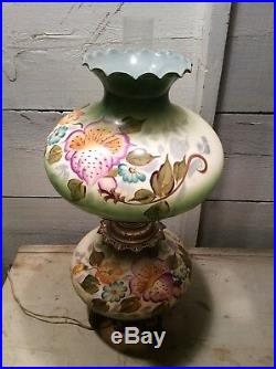 Large Vintage Victorian Gwtw Parlor Lamp 28 Tall Hand Painted Hurricane Lamp