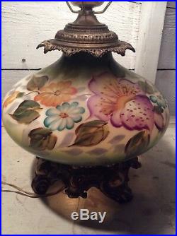 Large Vintage Victorian Gwtw Parlor Lamp 28 Tall Hand Painted Hurricane Lamp