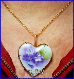 Lavender Floral Heart 1900s Porcelain Heart Hand Painted Large Lavender Necklace