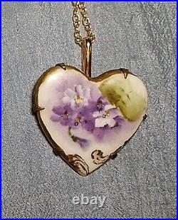 Lavender Floral Heart 1900s Porcelain Heart Hand Painted Large Lavender Necklace