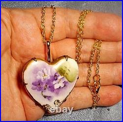 Lavender Floral Heart 1900s Porcelain Heart Hand Painted Large Lavender Necklace