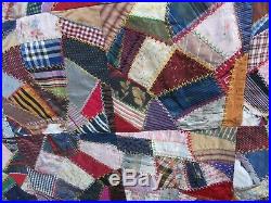 Lg. 1890 ANTIQUE VICTORIAN CRAZY COVERLET QUILT, Wall Hanging, Hand Embroidered