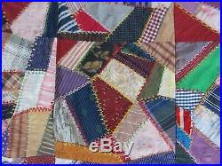 Lg. 1890 ANTIQUE VICTORIAN CRAZY COVERLET QUILT, Wall Hanging, Hand Embroidered