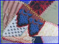 Lg. 1890 ANTIQUE VICTORIAN CRAZY COVERLET QUILT, Wall Hanging, Hand Embroidered