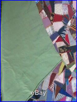 Lg. 1890 ANTIQUE VICTORIAN CRAZY COVERLET QUILT, Wall Hanging, Hand Embroidered