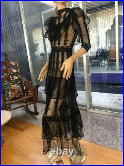 Lim's Vintage Victorian Style All Hand Crochet Maxi Dress, Black One Size S to M