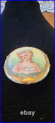 Limoges estate jewelry Portait Pin handpainted with gold leaf border