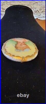 Limoges estate jewelry Portait Pin handpainted with gold leaf border
