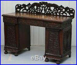 Lovely Anglo Burmese 19th Century Hand Carved Sideboard With Drawers & Cupboards