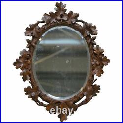 Lovely Antique Black Forest Hand Carved Wood Wall Mirror Ornately Carved Frame