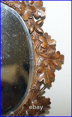 Lovely Antique Black Forest Hand Carved Wood Wall Mirror Ornately Carved Frame