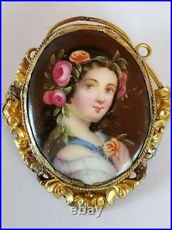 Lovely Antique Victorian Porcelain Hand-Painted Cameo Brooch. Peasant girl roses