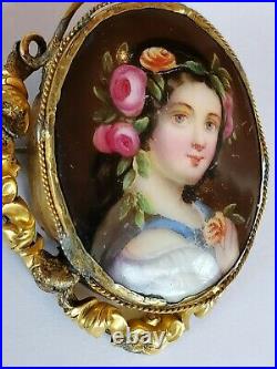 Lovely Antique Victorian Porcelain Hand-Painted Cameo Brooch. Peasant girl roses