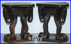 Lovely Pair Of Vintage Hand Carved Solid Wood Safari Tables Depicting Elephants