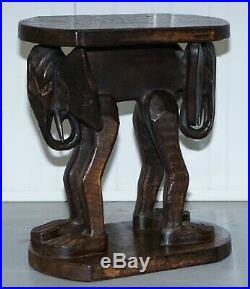 Lovely Pair Of Vintage Hand Carved Solid Wood Safari Tables Depicting Elephants