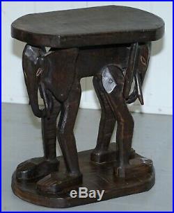 Lovely Pair Of Vintage Hand Carved Solid Wood Safari Tables Depicting Elephants